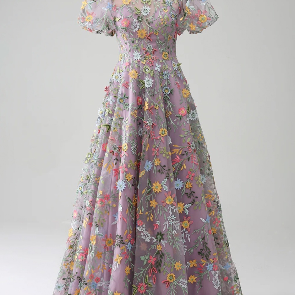 ZAPAKA Mauve Ball-Gown/Princess Embroidered Prom Dress with Short Sleeves